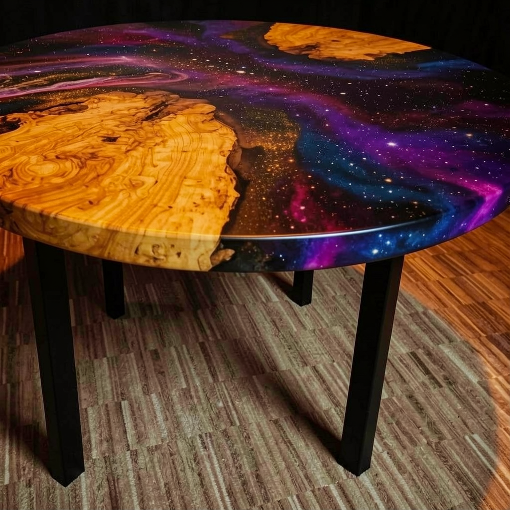 A custom-designed round coffee table made of starry sky epoxy resin and olive wood.
