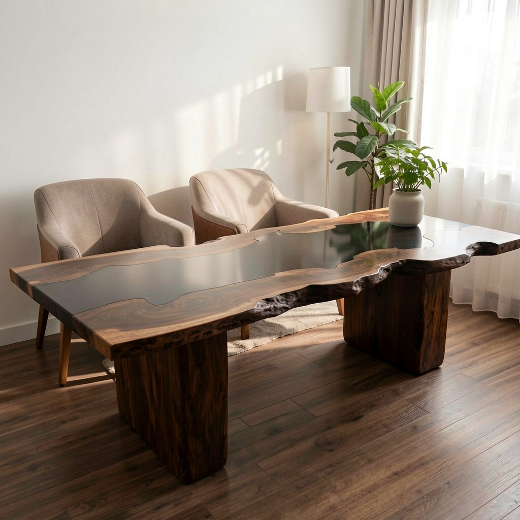 Modern Minimalist Dining Table: Black Walnut with Black Epoxy