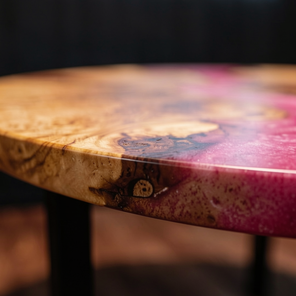 Custom-made wave-shaped round coffee table, made of olive wood.