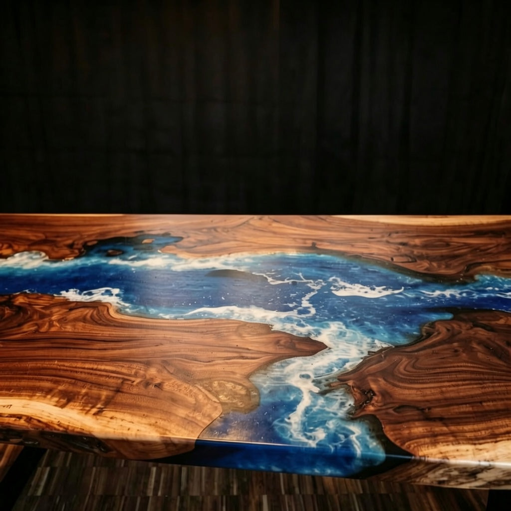 Custom North American black walnut epoxy resin ocean dining table