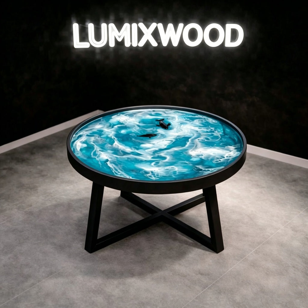 Custom-designed ocean-themed epoxy resin round coffee table