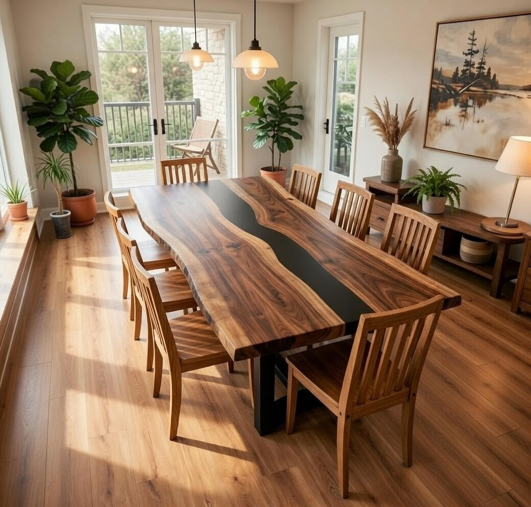 Custom Black Walnut Dining Table Top with Black Epoxy River