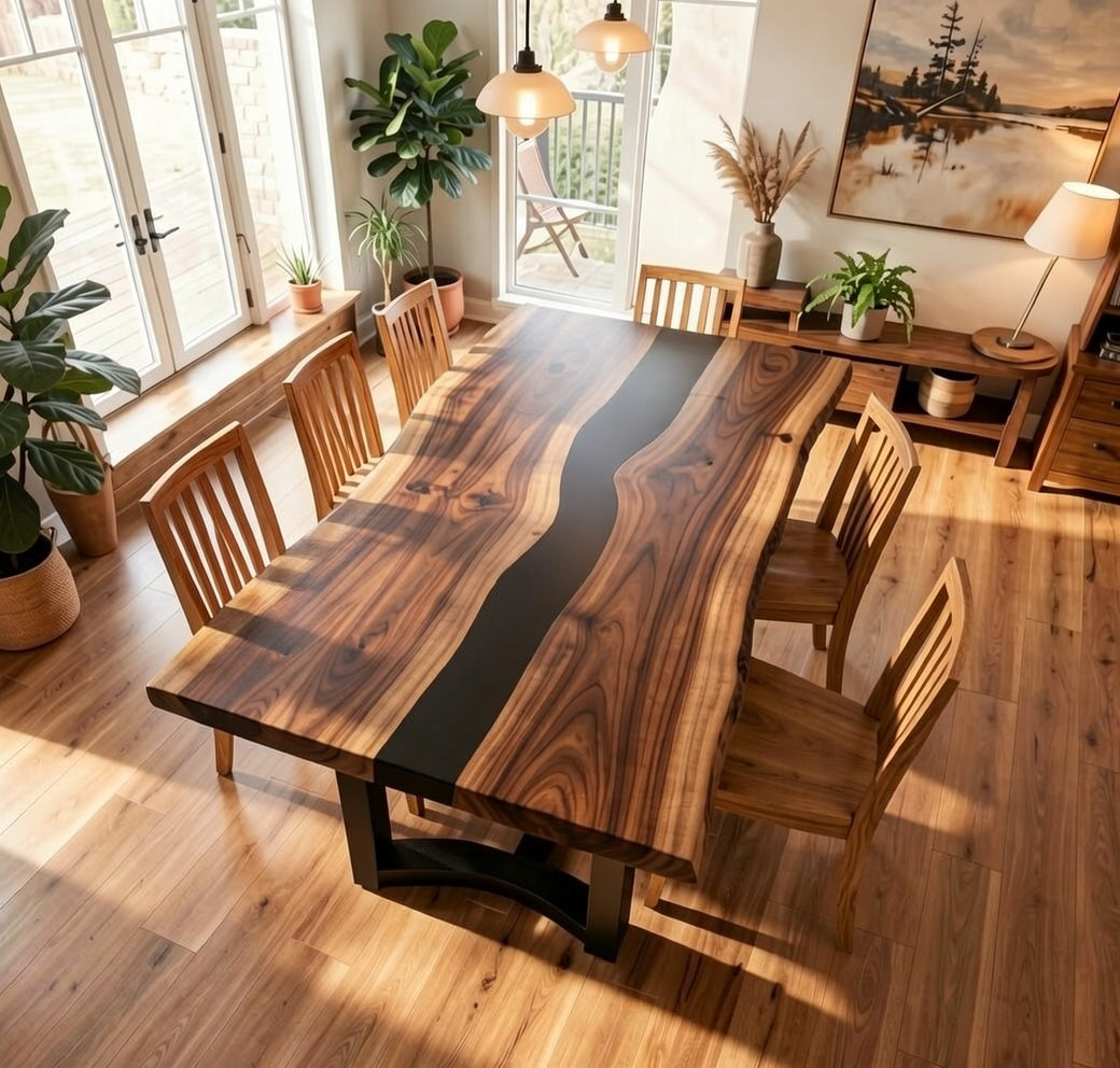 Custom Black Walnut Dining Table Top with Black Epoxy River
