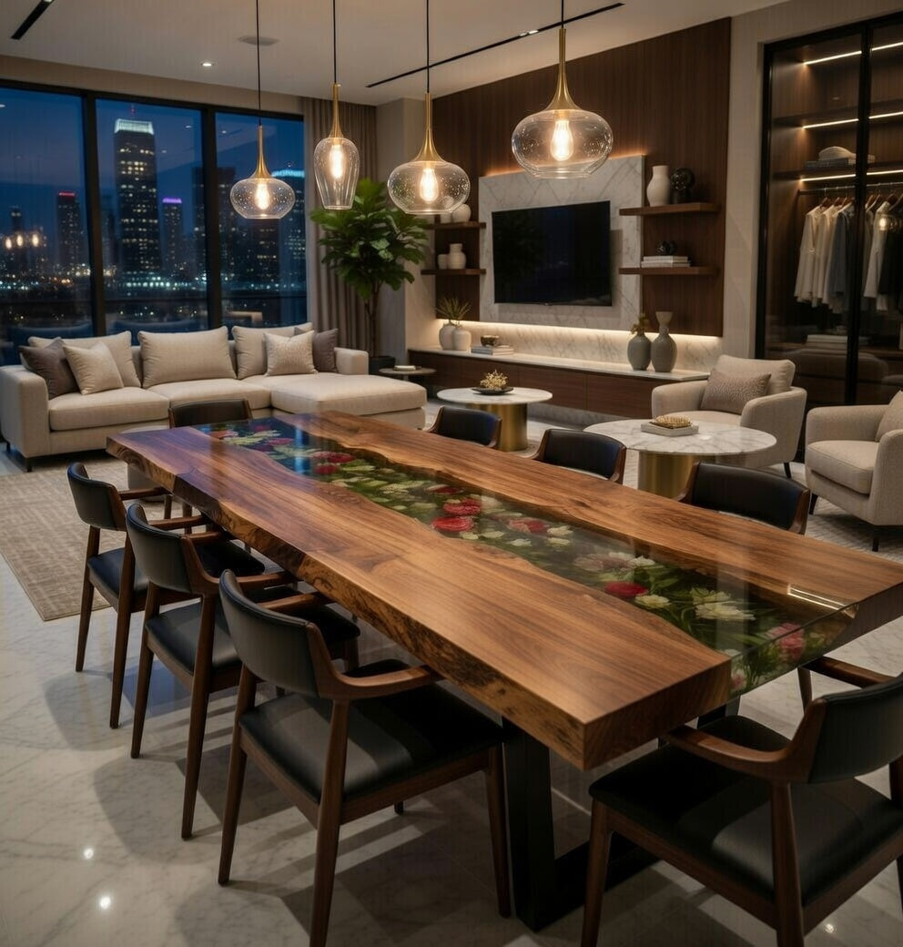 Black Walnut River Epoxy Dining Table with Floral Resin Inlay – Luxury Handmade Wood Table-FL001