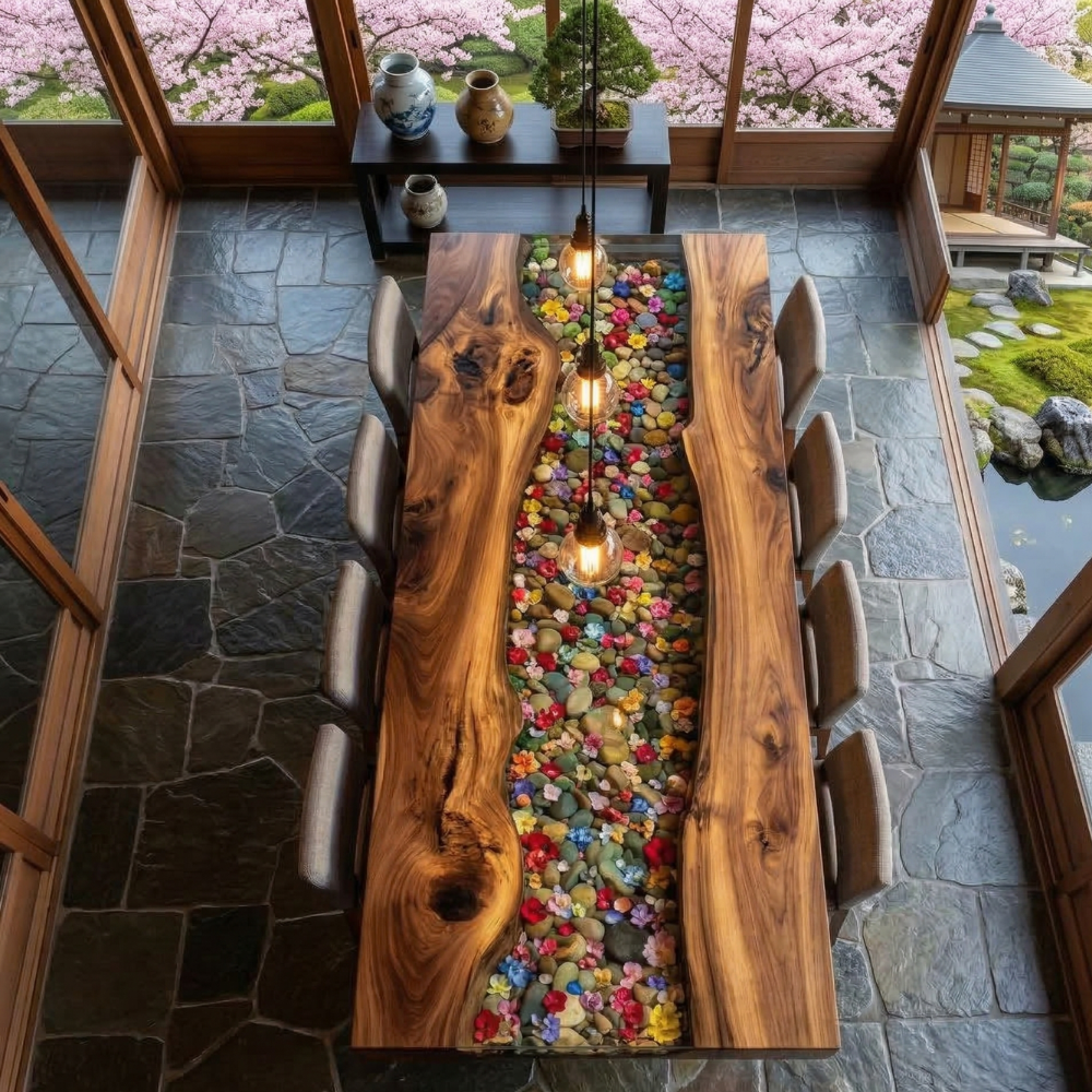 Handcrafted Black Walnut River Table with Floral Epoxy Center – Contemporary Dining Table-FL008