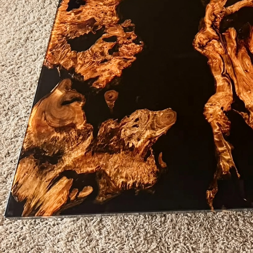 Olive Wood Epoxy Dining Table | Black Resin River with Full Gloss Finish