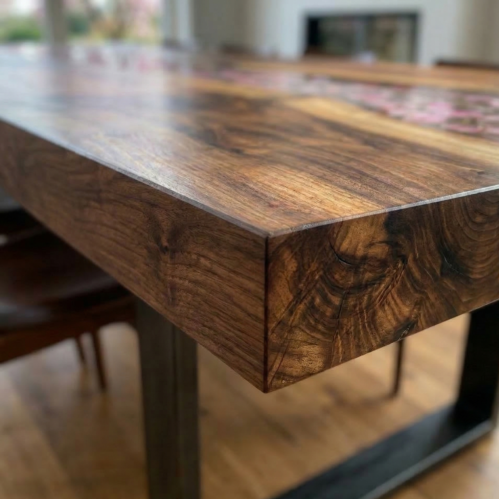 Black Walnut Live Edge River Dining Table with Pink Blossom Resin – Handmade Epoxy Wood Table-FL003