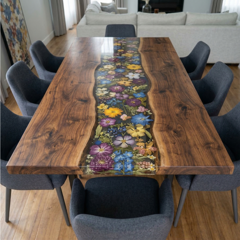 Black Walnut River Dining Table with Colorful Floral Resin Inlay – Modern Epoxy Wood Table-FL004