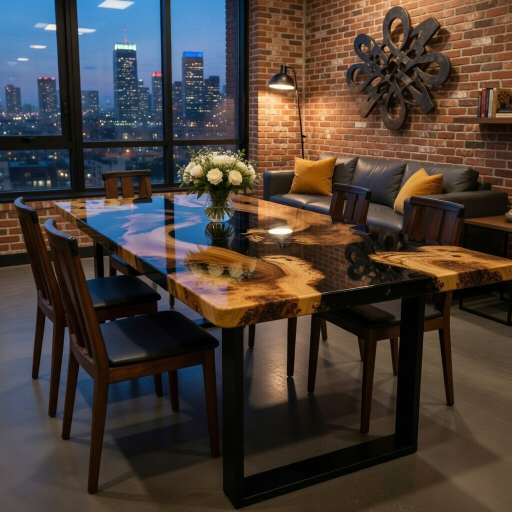 Olive Wood Epoxy Dining Table | Black Resin River with Full Gloss Finish