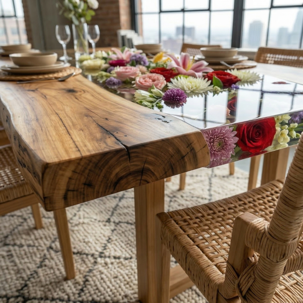 Black Walnut River Dining Table with Floral Resin Inlay – Modern Live Edge Wood Table-FL002
