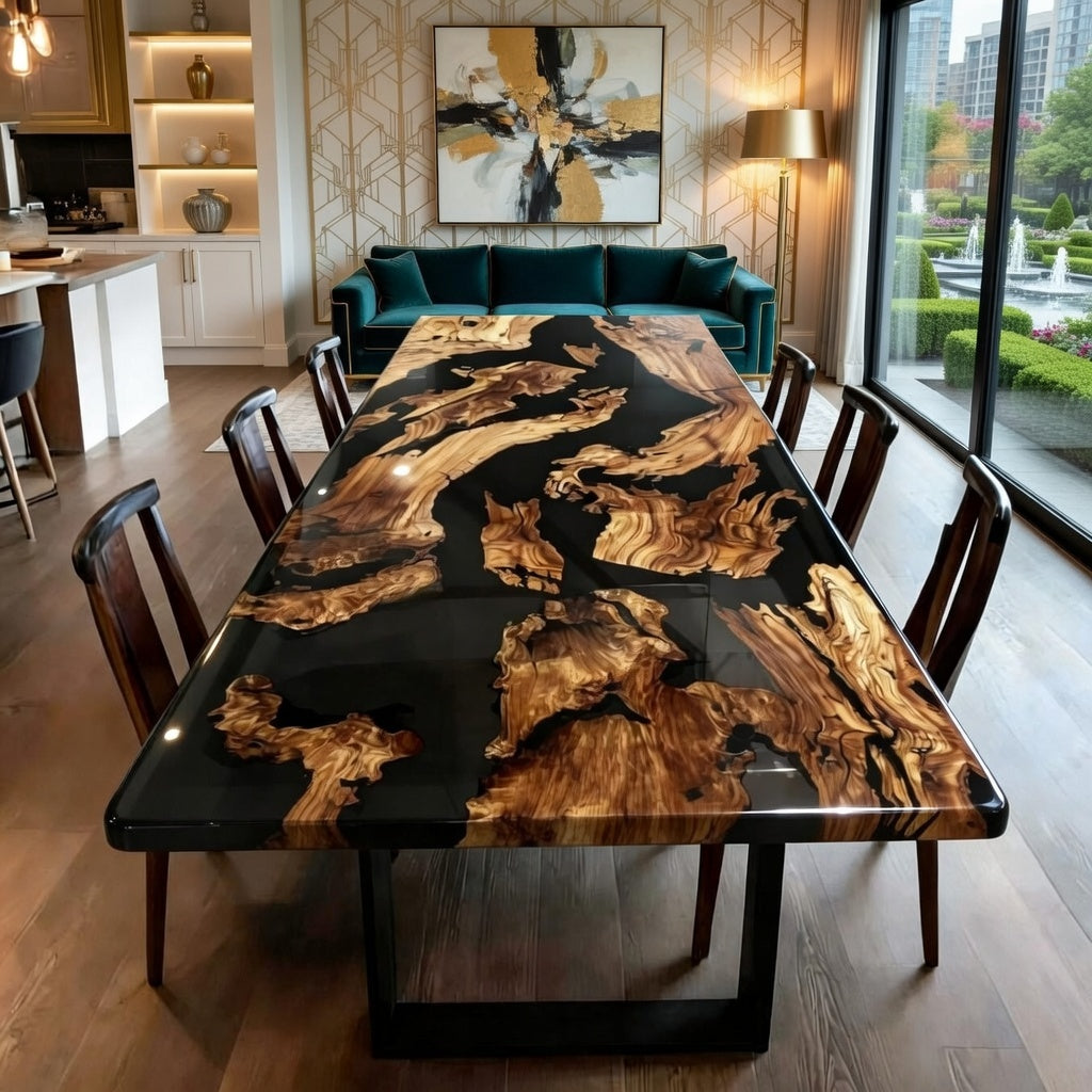 Olive Wood Epoxy Dining Table | Black Resin River with Full Gloss Finish