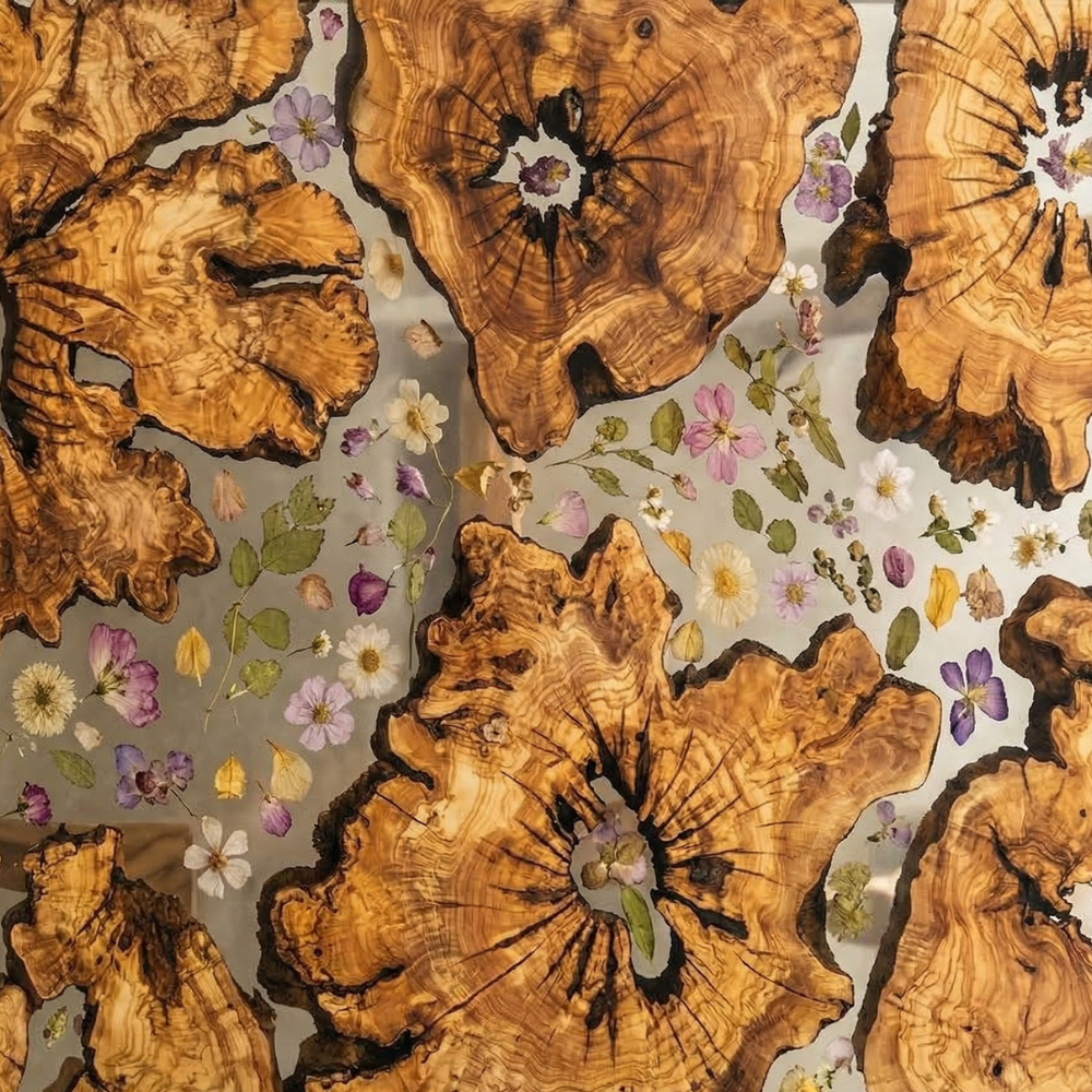 Natural Black Walnut Dining Table with Colorful Flower Resin River – Custom Epoxy Table-009