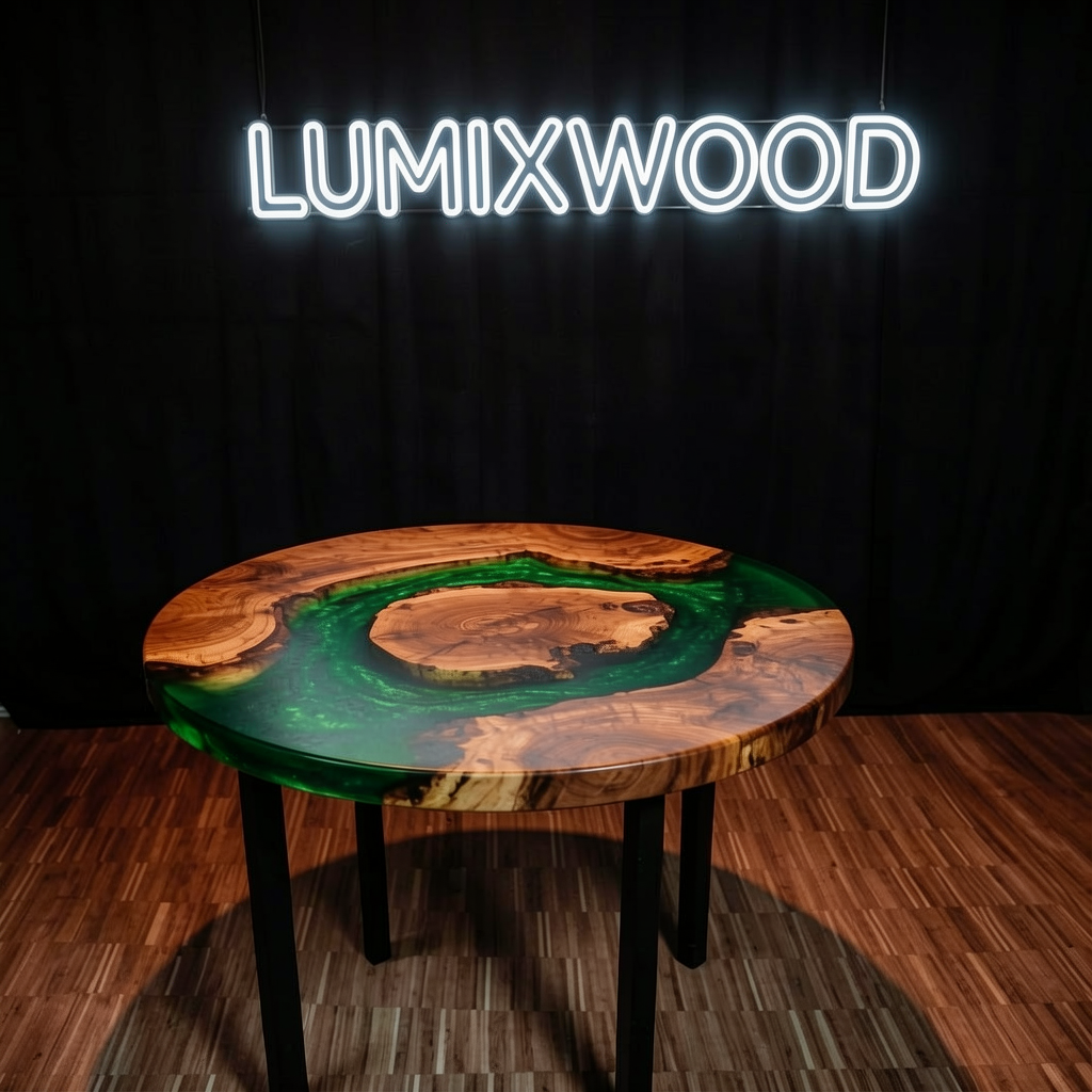 Custom-made green epoxy resin round walnut coffee table