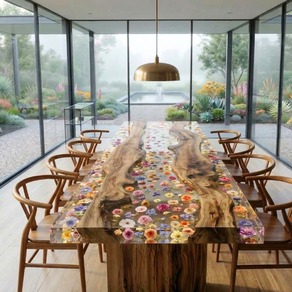 Black Walnut Epoxy Dining Table with Botanical Resin River – Modern Wood Table-FL007