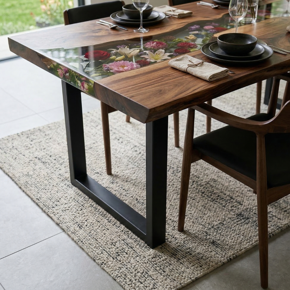 Black Walnut River Epoxy Dining Table with Floral Resin Inlay – Luxury Handmade Wood Table-FL001