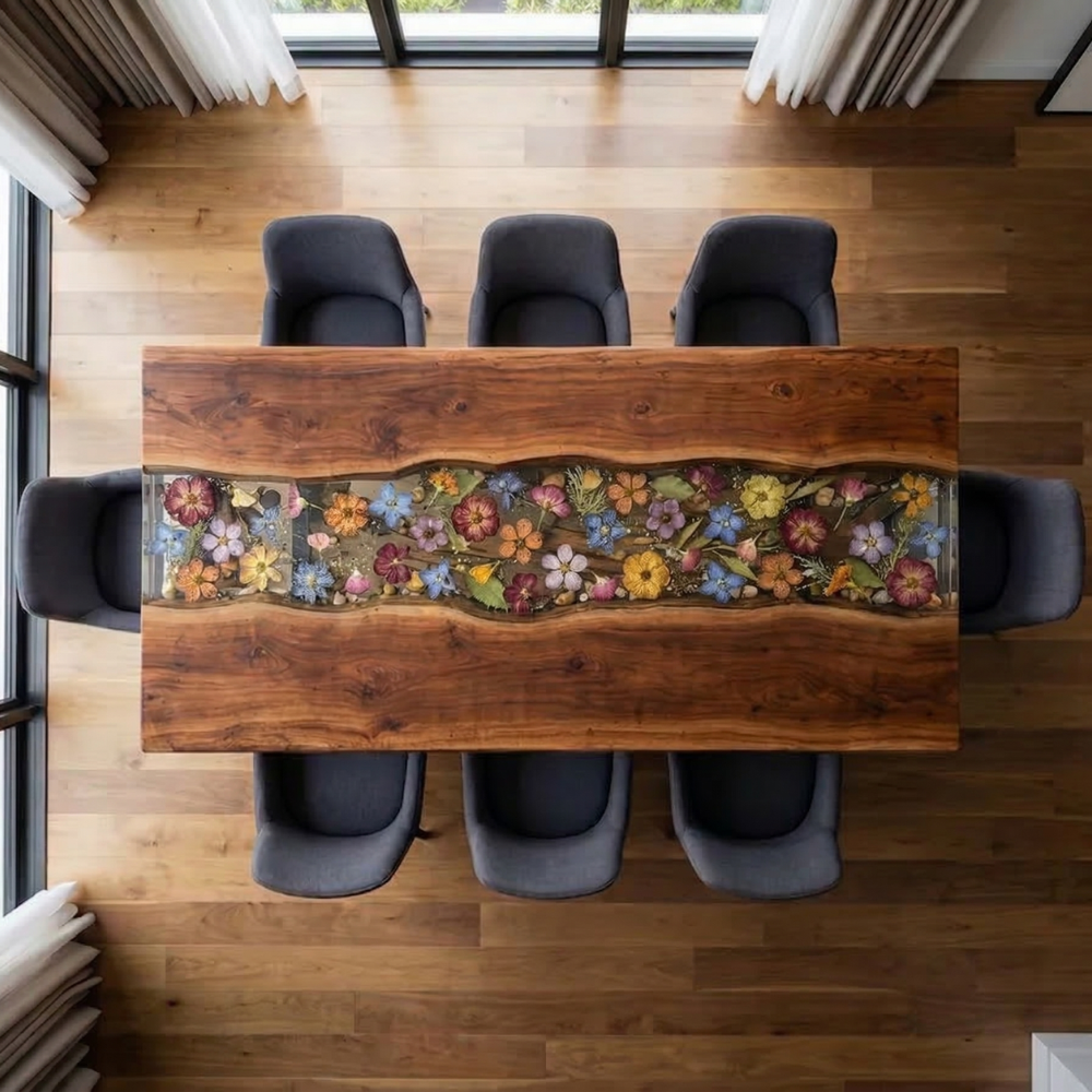 Black Walnut River Dining Table with Colorful Floral Resin Inlay – Modern Epoxy Wood Table-FL004