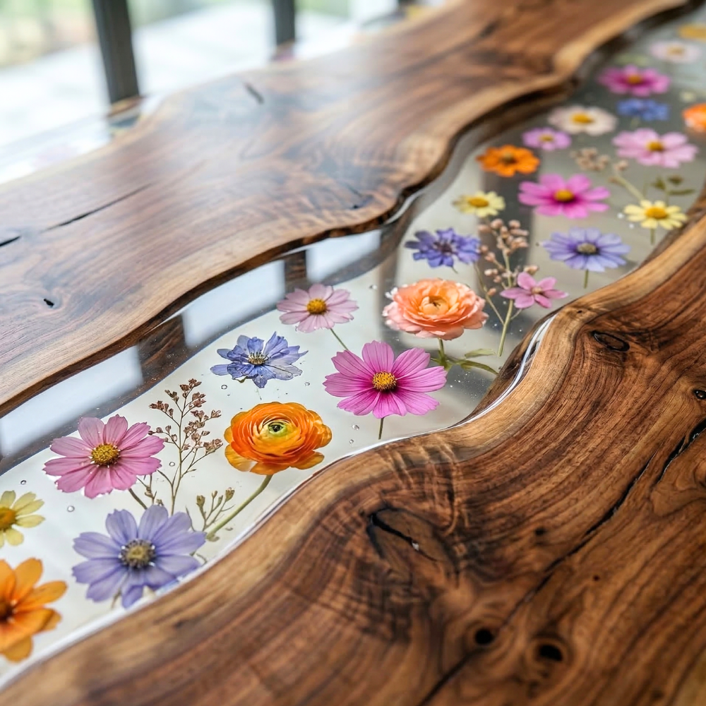 Black Walnut Epoxy Dining Table with Botanical Resin River – Modern Wood Table-FL007