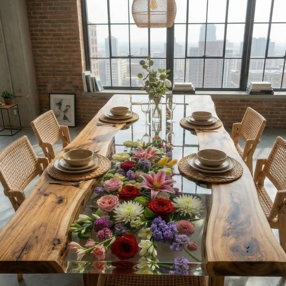 Black Walnut River Dining Table with Floral Resin Inlay – Modern Live Edge Wood Table-FL002