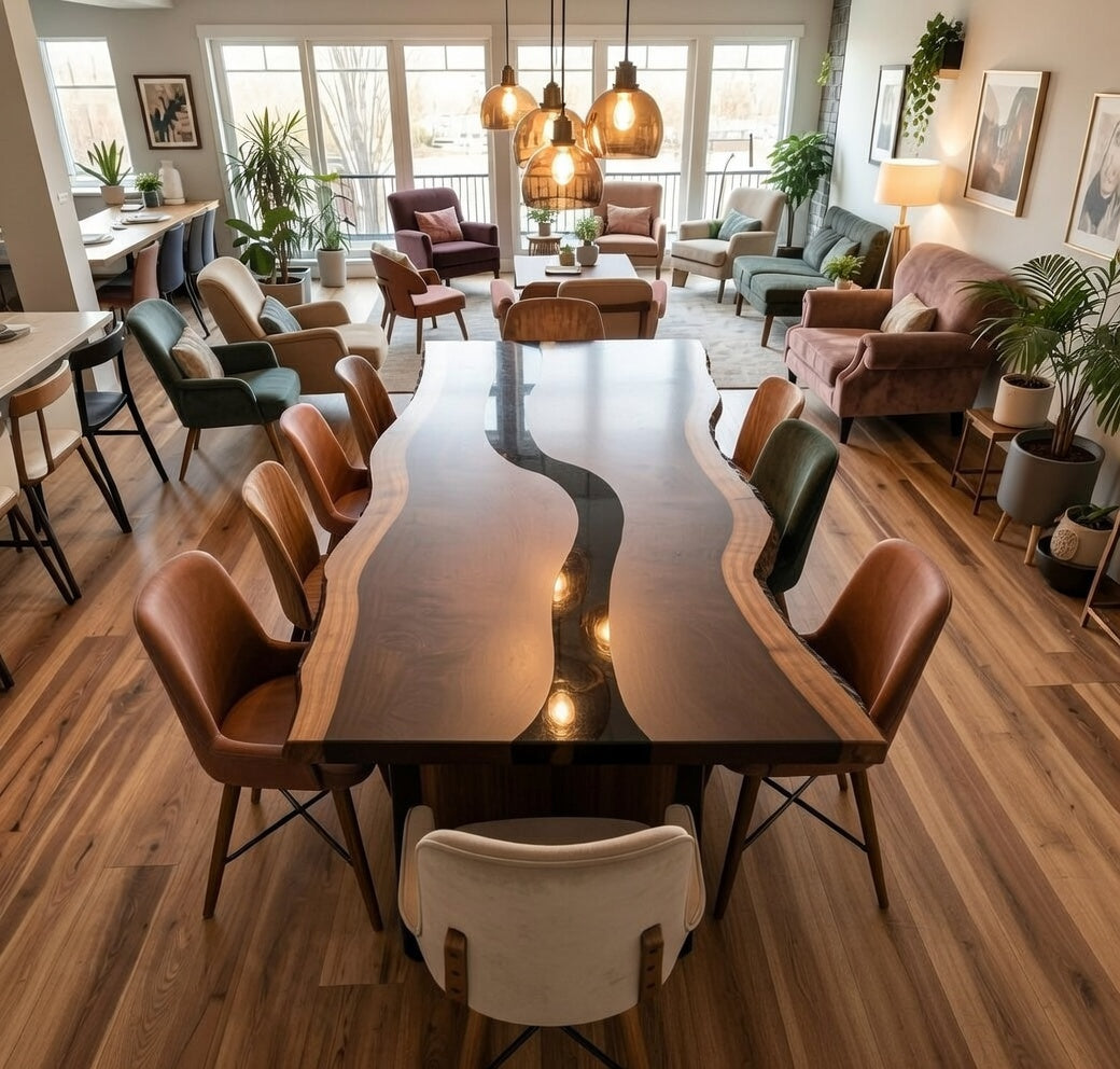 Custom Solid Black Walnut Table Top with Black Epoxy River Center