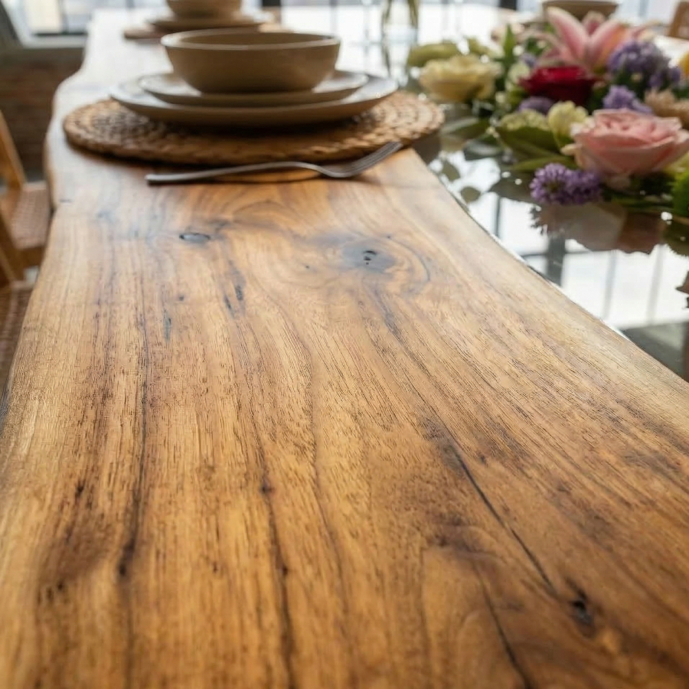 Black Walnut River Dining Table with Floral Resin Inlay – Modern Live Edge Wood Table-FL002