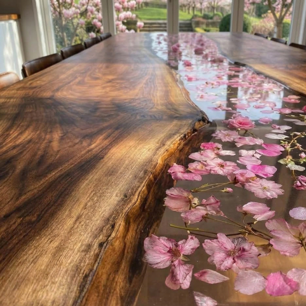 Black Walnut Live Edge River Dining Table with Pink Blossom Resin – Handmade Epoxy Wood Table-FL003