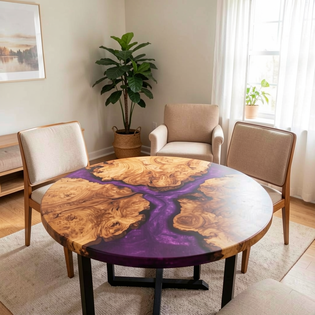 Custom purple epoxy resin olive wood dining table