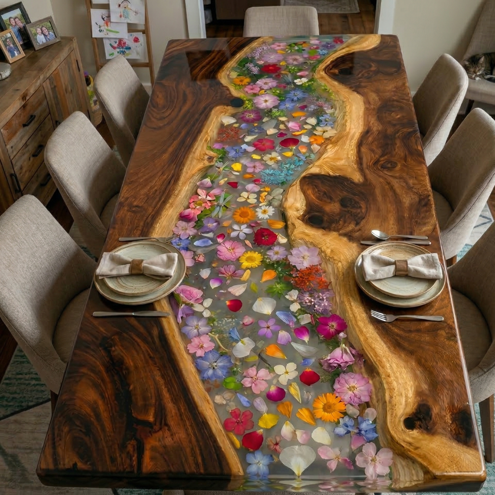 Luxury Black Walnut Epoxy River Table with Pressed Flower Inlay – Handmade Dining Table-FL005