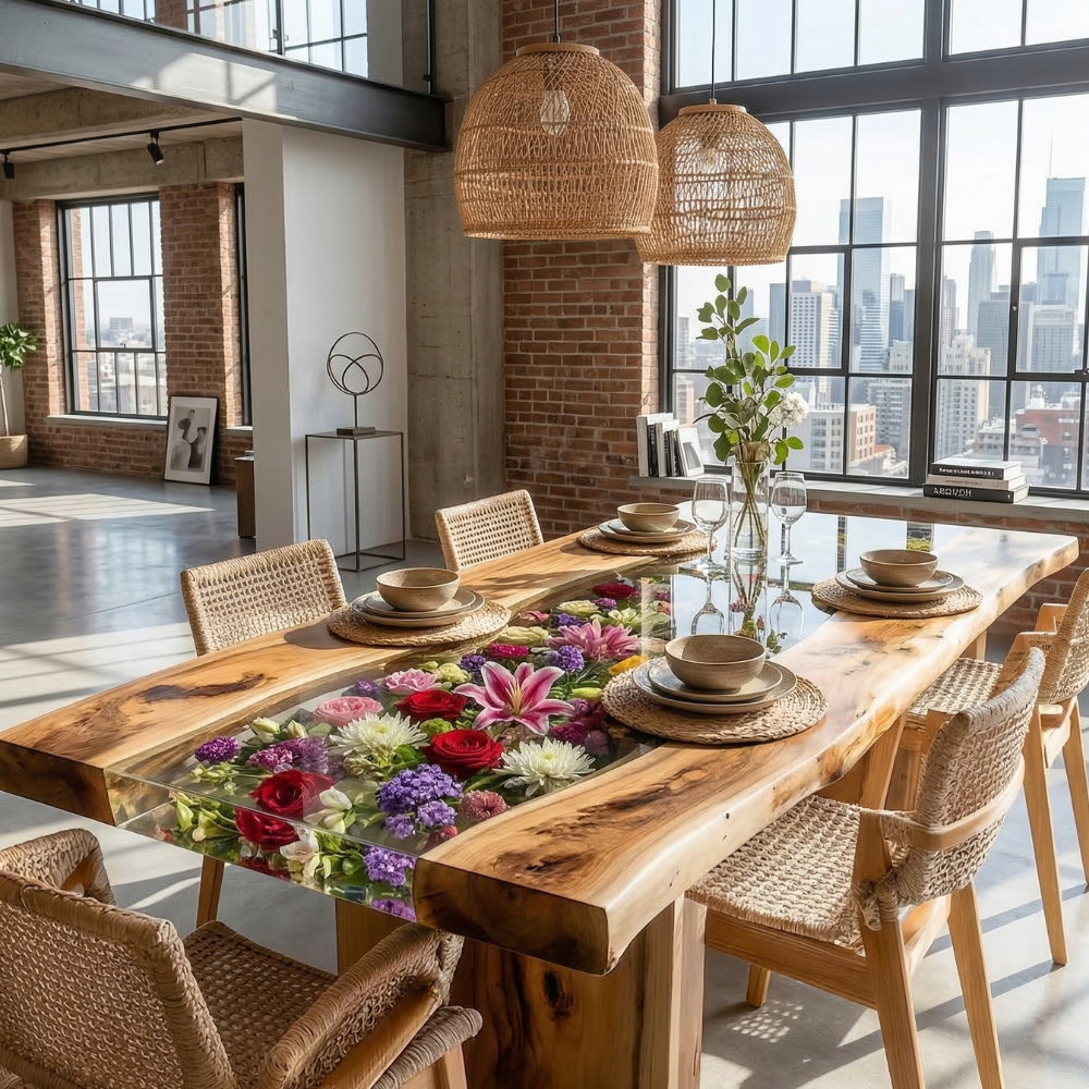 Black Walnut River Dining Table with Floral Resin Inlay – Modern Live Edge Wood Table-FL002