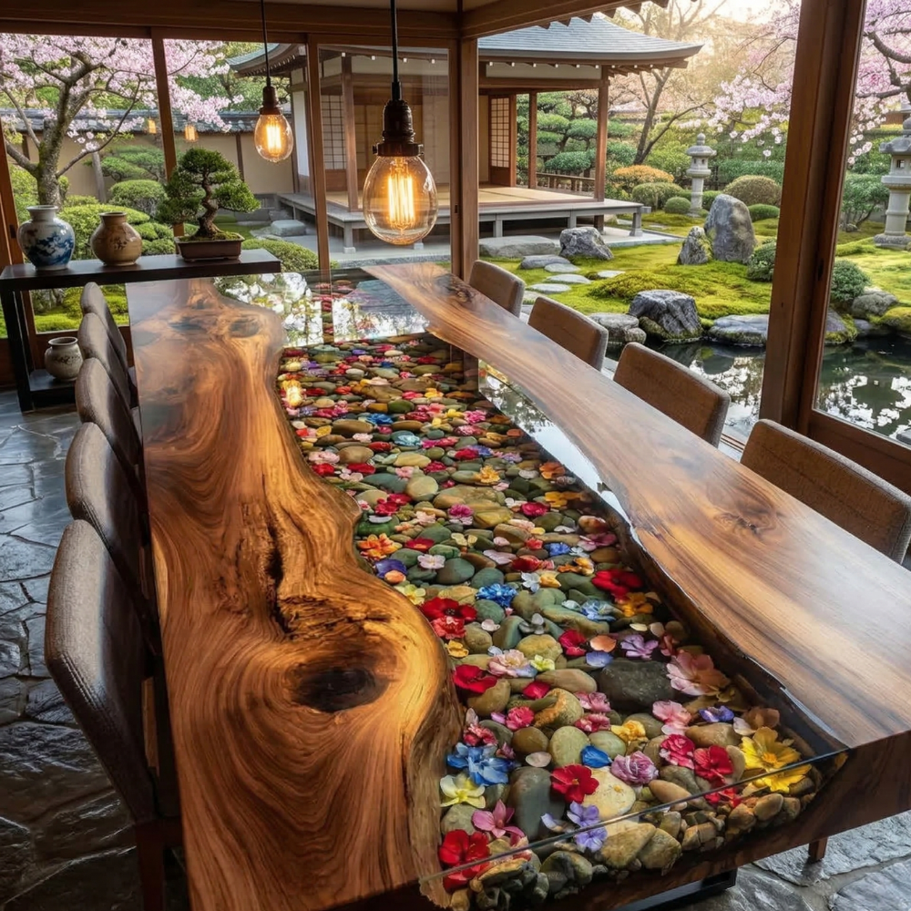 Handcrafted Black Walnut River Table with Floral Epoxy Center – Contemporary Dining Table-FL008