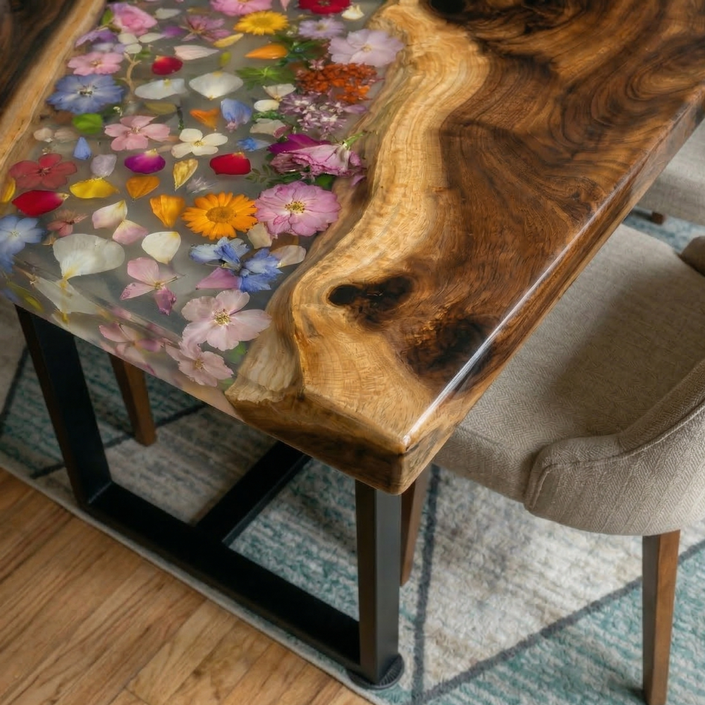 Luxury Black Walnut Epoxy River Table with Pressed Flower Inlay – Handmade Dining Table-FL005