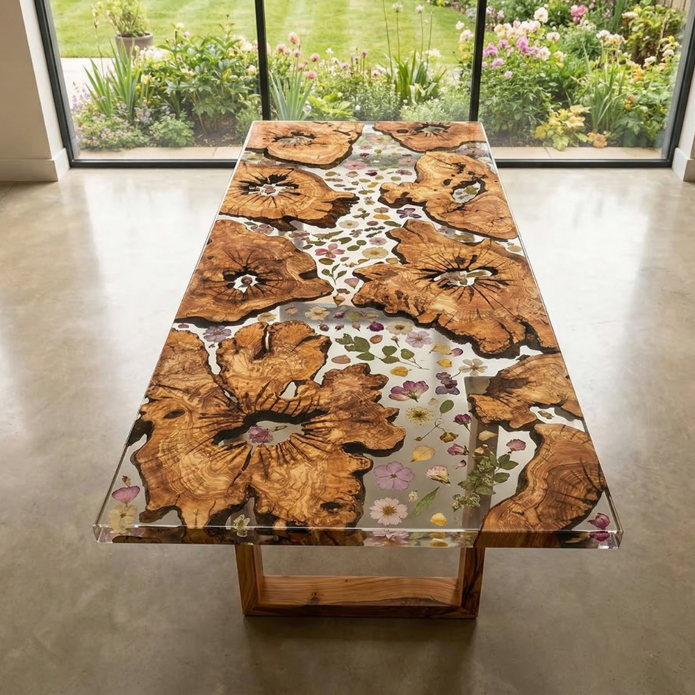Natural Black Walnut Dining Table with Colorful Flower Resin River – Custom Epoxy Table-009