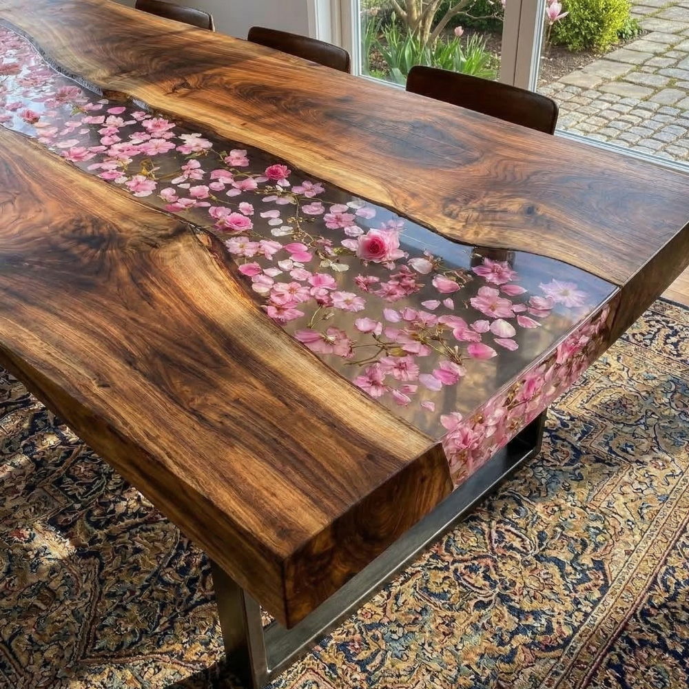 Black Walnut Live Edge River Dining Table with Pink Blossom Resin – Handmade Epoxy Wood Table-FL003