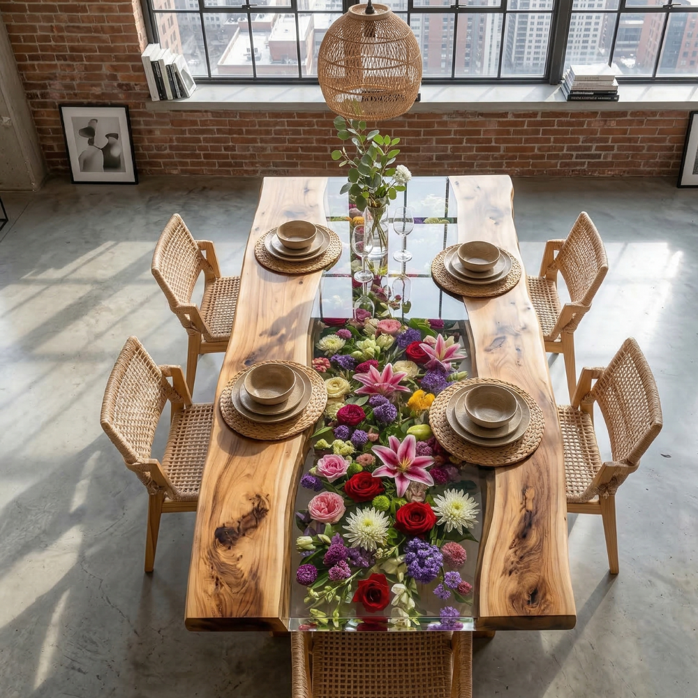 Black Walnut River Dining Table with Floral Resin Inlay – Modern Live Edge Wood Table-FL002
