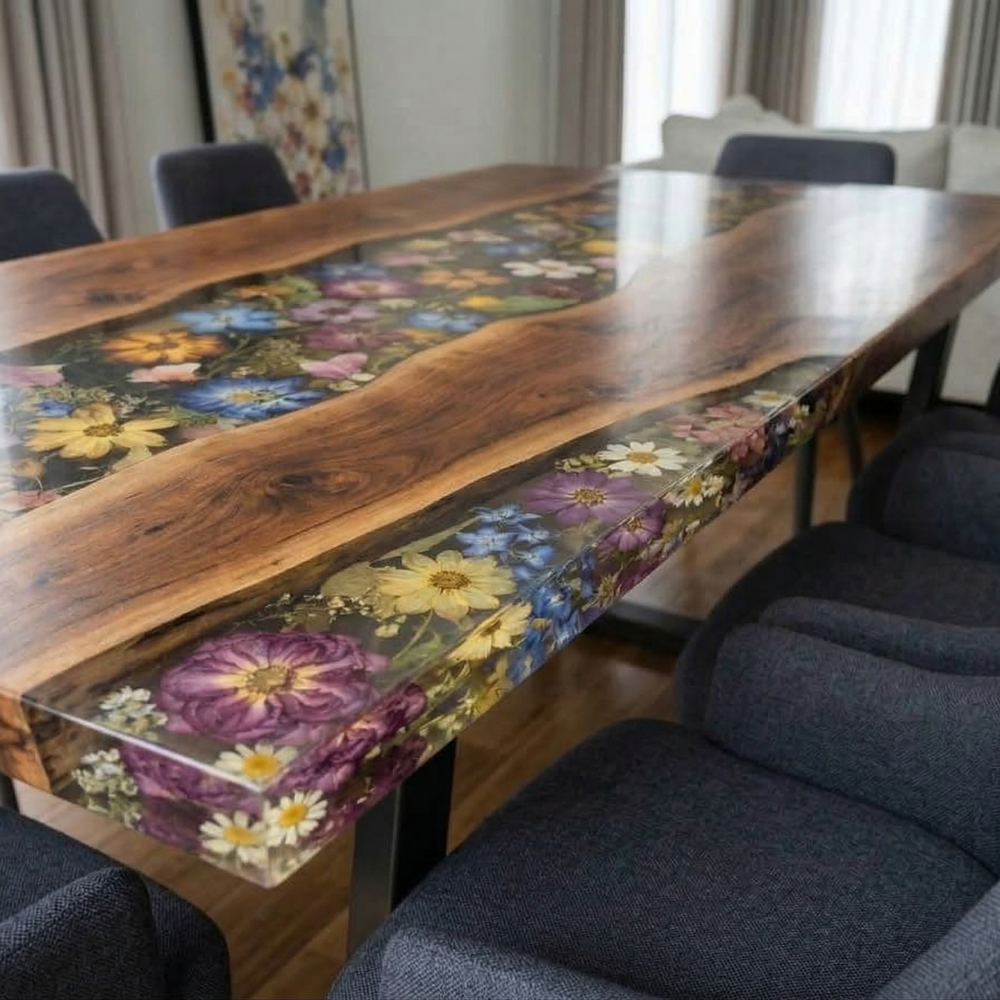 Black Walnut River Dining Table with Colorful Floral Resin Inlay – Modern Epoxy Wood Table-FL004