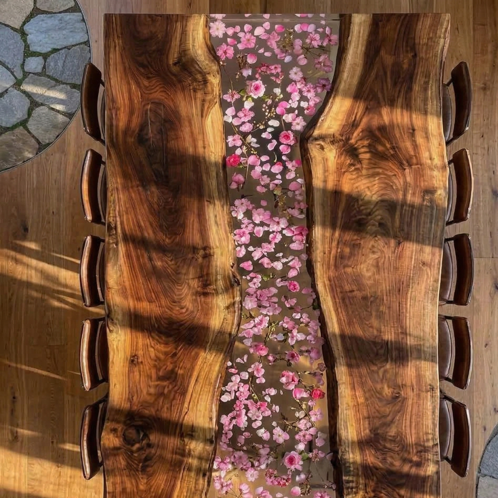 Black Walnut Live Edge River Dining Table with Pink Blossom Resin – Handmade Epoxy Wood Table-FL003