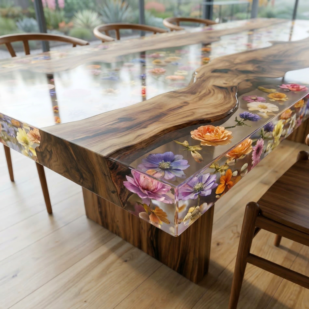 Black Walnut Epoxy Dining Table with Botanical Resin River – Modern Wood Table-FL007
