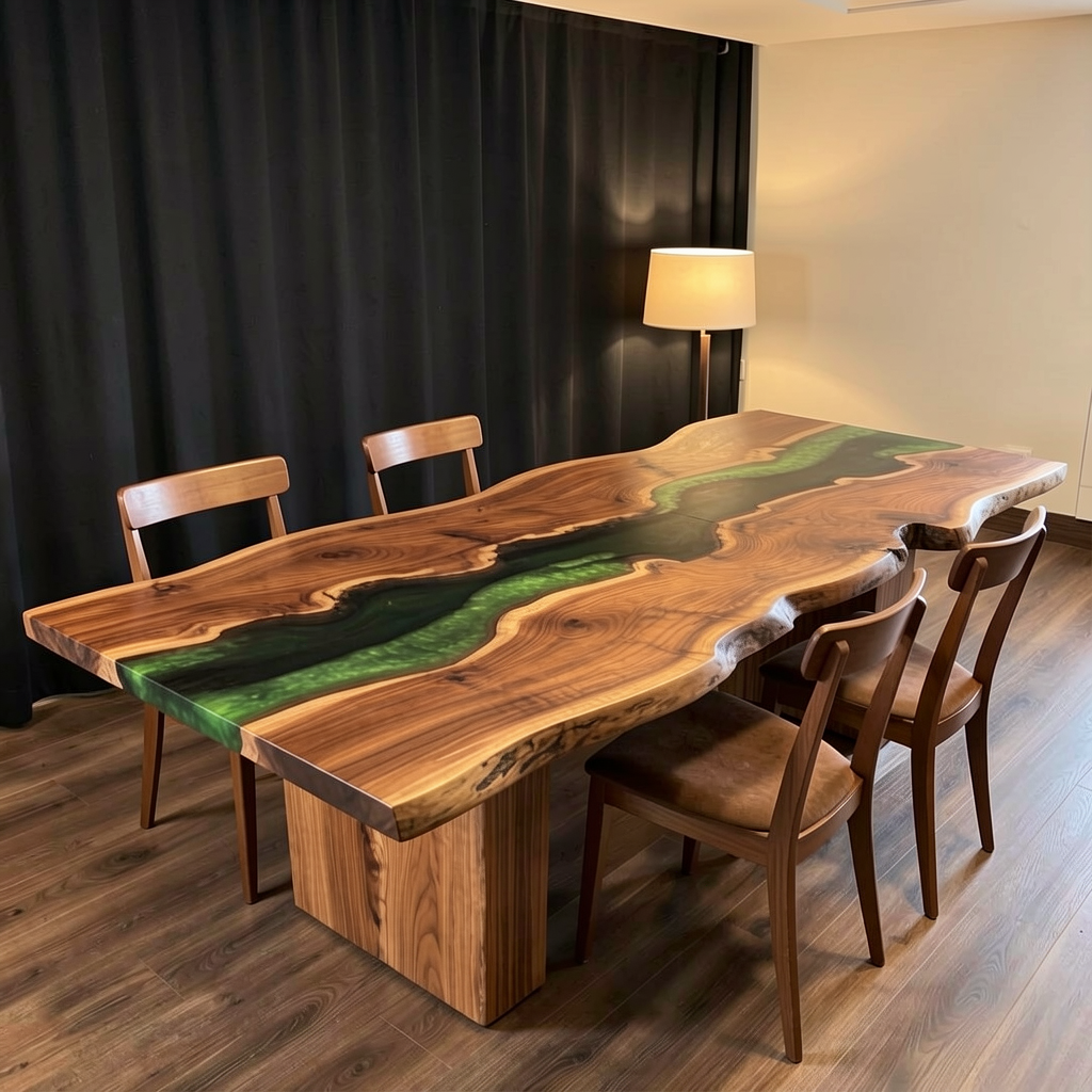Custom-made wave epoxy resin dining table using walnut wood