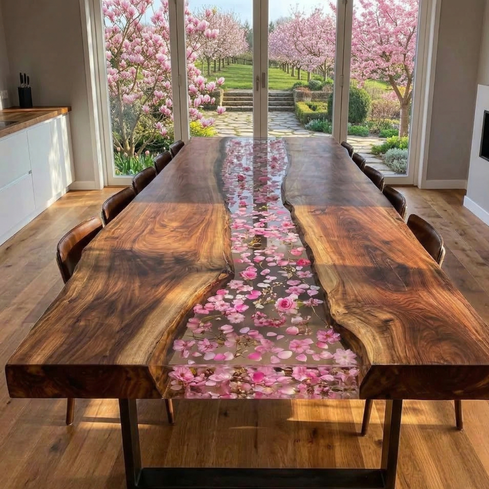 Black Walnut Live Edge River Dining Table with Pink Blossom Resin – Handmade Epoxy Wood Table-FL003
