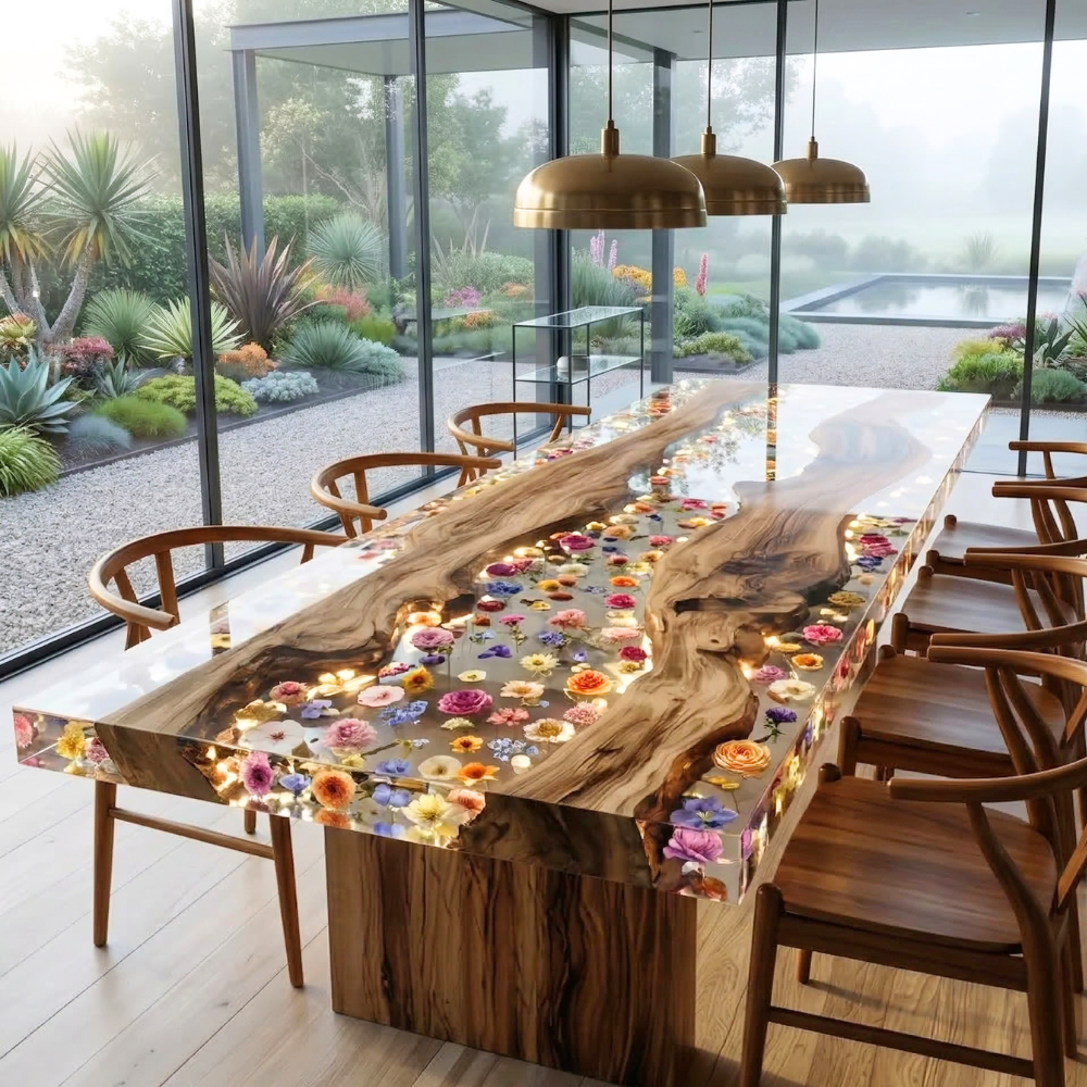 Black Walnut Epoxy Dining Table with Botanical Resin River – Modern Wood Table-FL007
