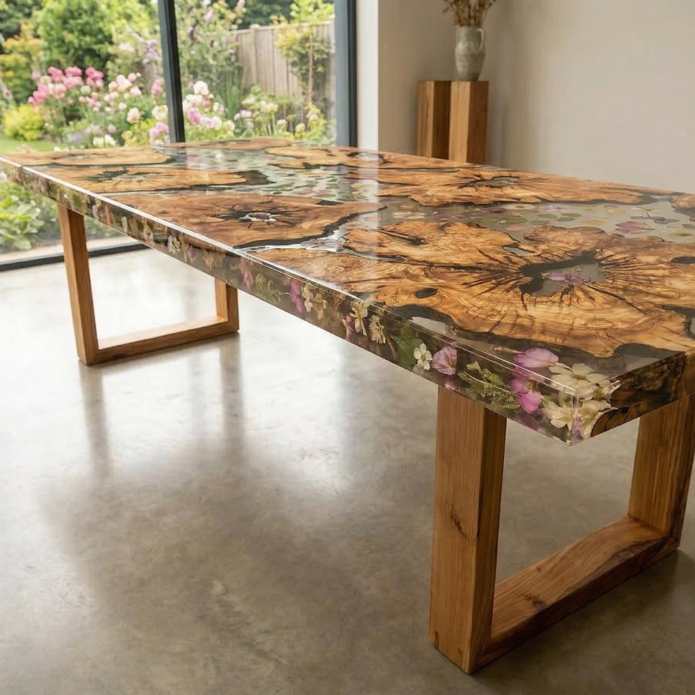 Natural Black Walnut Dining Table with Colorful Flower Resin River – Custom Epoxy Table-009