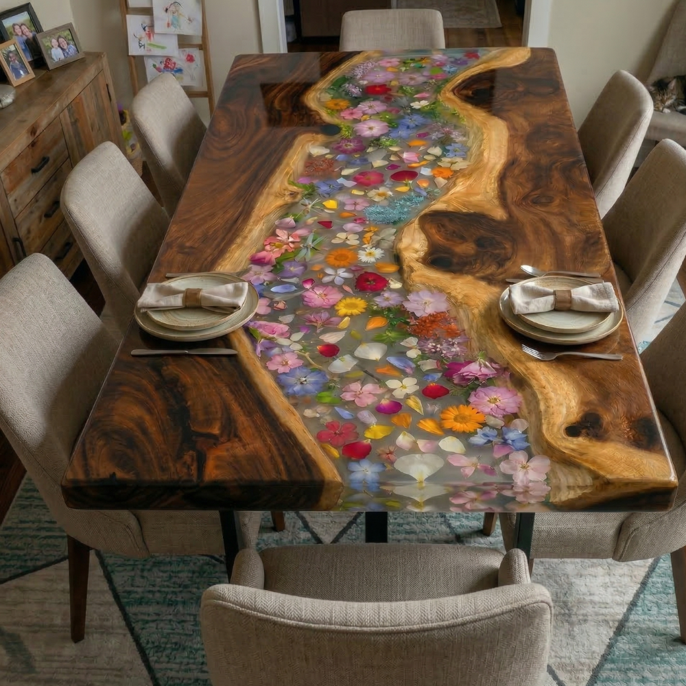 Luxury Black Walnut Epoxy River Table with Pressed Flower Inlay – Handmade Dining Table-FL005