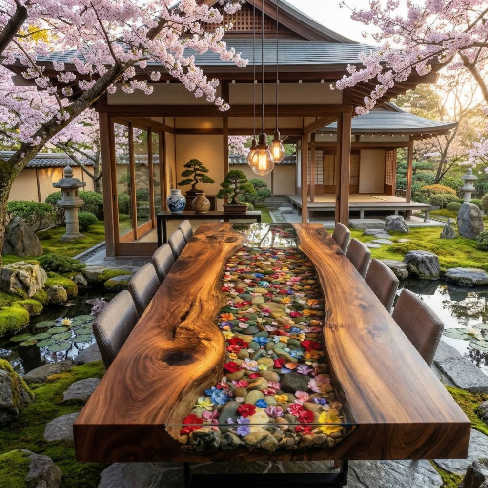 Handcrafted Black Walnut River Table with Floral Epoxy Center – Contemporary Dining Table-FL008