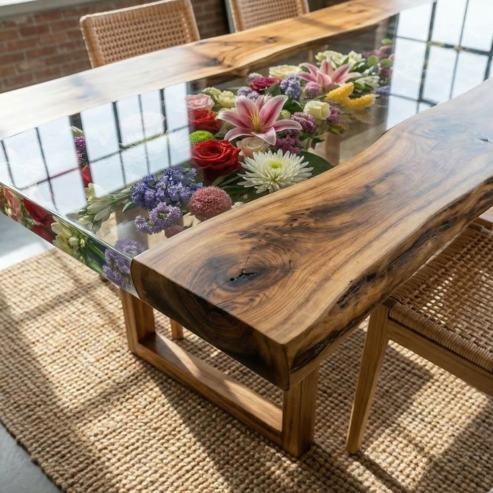 Black Walnut River Dining Table with Floral Resin Inlay – Modern Live Edge Wood Table-FL002