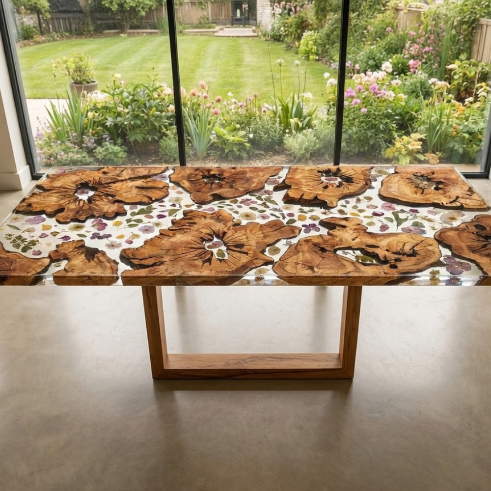 Natural Black Walnut Dining Table with Colorful Flower Resin River – Custom Epoxy Table-009
