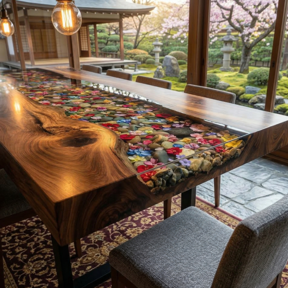 Handcrafted Black Walnut River Table with Floral Epoxy Center – Contemporary Dining Table-FL008