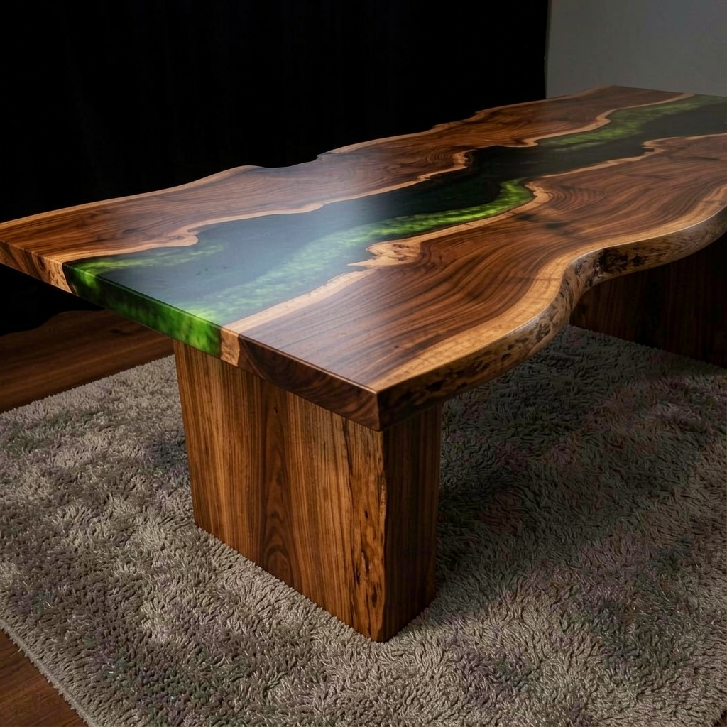 Custom-made wave epoxy resin dining table using walnut wood