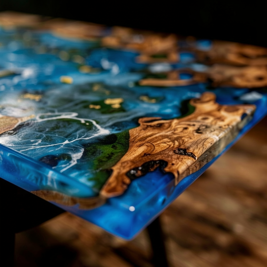 A custom-made cedar wood dining table adorned with blue epoxy resin.