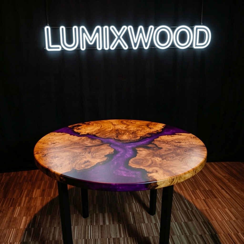 Custom purple epoxy resin olive wood dining table