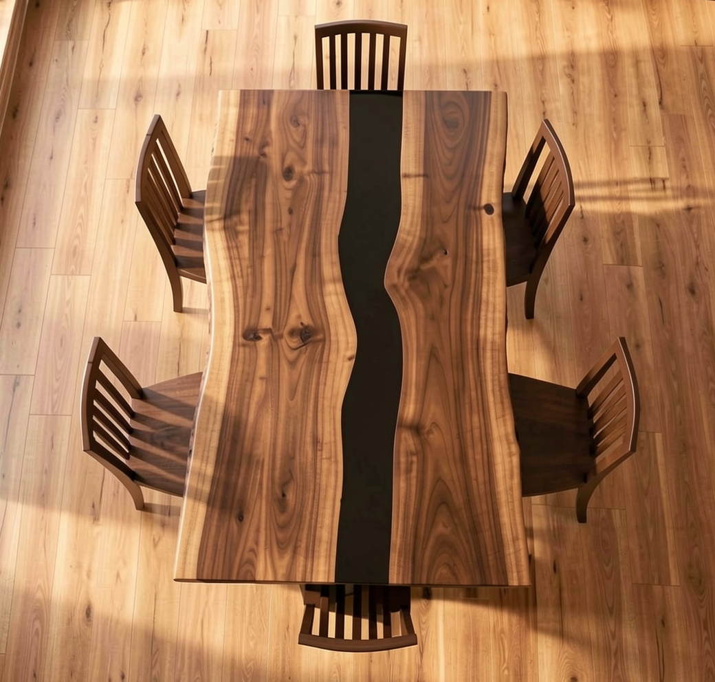 Custom Black Walnut Dining Table Top with Black Epoxy River