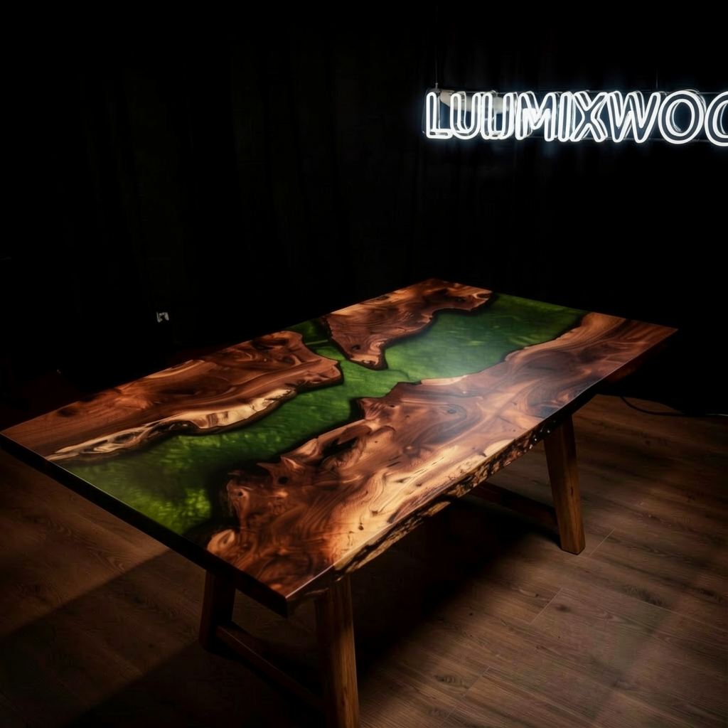 Customized green epoxy resin walnut wood dining table